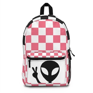 Alien Peace Sign Backpack | Pink and White Checkered School Bag | Trendy 90s Aesthetic Laptop Backpack | Fun & Durable Bookbag