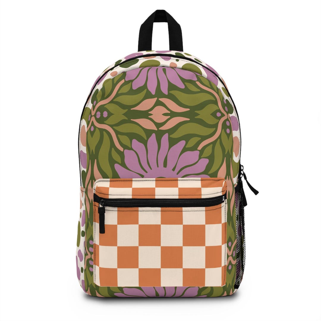 Floral Boho Checkered Backpack | Trendy Colorful School Bag | Durable ...