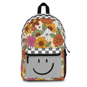 Floral Smiley Face Backpack | Retro Flower Print with Checkered Pattern | Fun Retro Aesthetic School Bag | Weird Style | Laptop Pocket