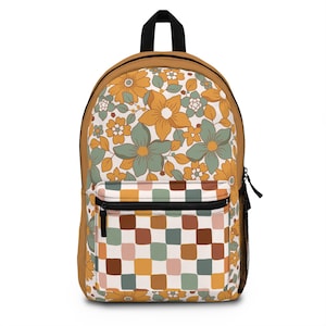 Retro Floral Backpack | Vintage-Inspired Flower Print with Checkered Pattern | Boho Chic Laptop Backpack