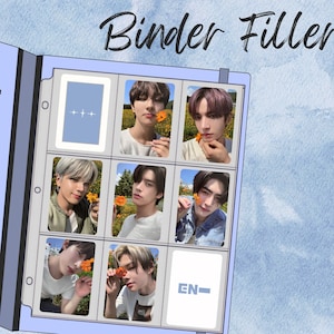 May include: A binder with a blue cover and a clear plastic insert. The insert contains photos of a group of men, some of whom are holding flowers. The text "Binder Fillers" is written in black at the top of the image. The text "EN-" is written in black on a white background in one of the photo slots.