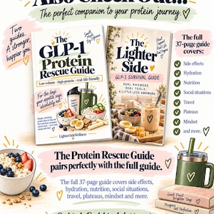 May include: Two informational guides titled The GLP-1 Protein Rescue Guide and The Lighter Side GLP-1 Survival Guide. The covers feature illustrations of healthy meals, protein shakes, and text detailing a 37-page guide covering nutrition, hydration, and mindset.
