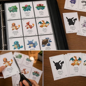 Könnte beinhalten: Pokémon-Sammelkarten, einige in einem Ordner, andere lose. Sie zeigen verschiedene Pokémon-Charaktere mit japanischem Text. Ein rot-weißer Pokéball und eine Schere sind ebenfalls zu sehen.