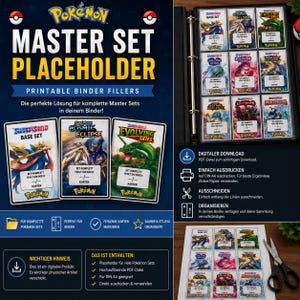 Könnte beinhalten: Ein schwarzer Ordner mit Platzhaltern für Pokémon-Karten. Das Bild zeigt den Titel "MASTER SET PLACEHOLDER" und "PRINTABLE BINDER FILLERS". Das Bild zeigt auch eine Reihe von Pokémon-Karten und Anweisungen zum Drucken und Organisieren.