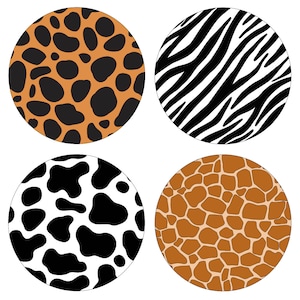 May include: Four different animal print patterns in circles. The top left circle is a leopard print in brown and black. The top right circle is a zebra print in black and white. The bottom left circle is a cow print in black and white. The bottom right circle is a giraffe print in brown and orange.