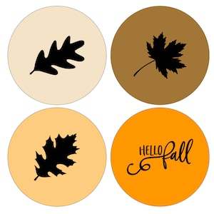 Pode incluir: Quatro círculos redondos laranja, marrom e bege com silhuetas pretas de folhas e o texto "Hello Fall" em um círculo.