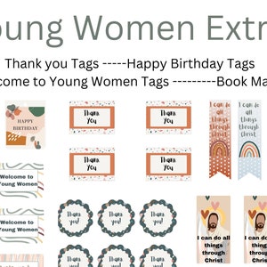 Extras de Mujeres Jóvenes, Bienvenidos a las Mujeres Jóvenes Etiquetas, Etiquetas de Feliz Cumpleaños, Etiquetas de Gracias, Marcadores de Libro