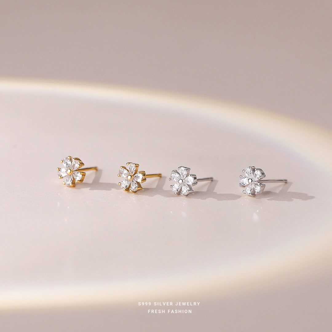 Small Cubic Zirconia Flower Stud Earrings – 6mm, 925 Sterling Silver Posts – Beautifuljewelrynyc