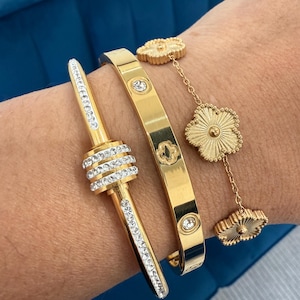 Brazaletes de acero inoxidable dorados con piedra/joyas de acero inoxidable resistentes al agua/regalo para ella/pulsera de trébol