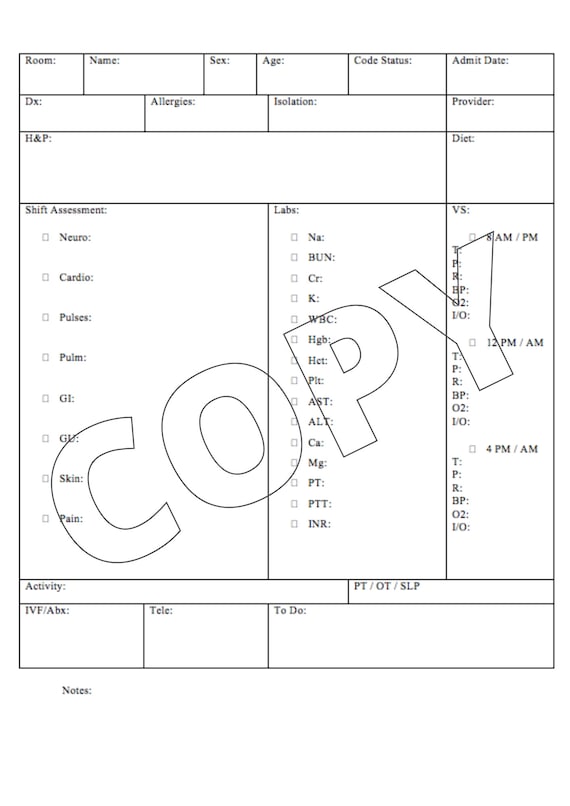 Nurse Report Sheet Etsy Nurse Report Sheet Etsy
