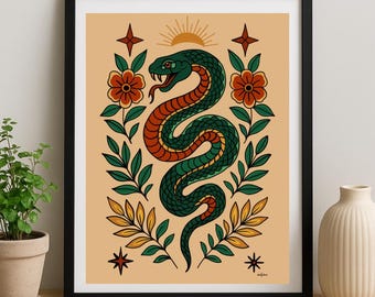 Serpent Wall Art – Flash Tattoo Style Snake Illustration