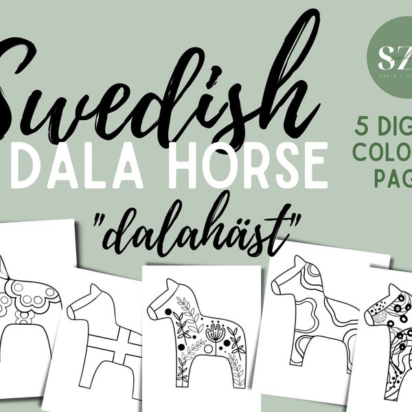 Printable Coloring Pages | 5 Dala Horse Designs | Digital Download