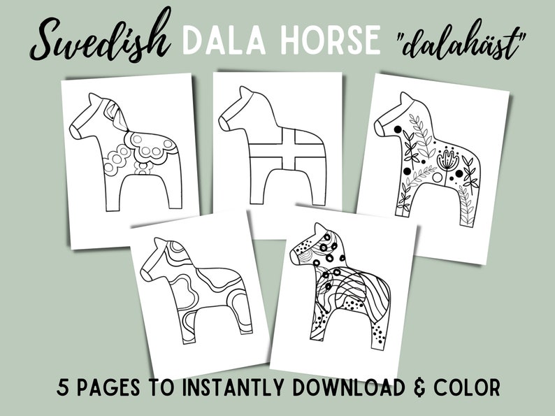 Printable Coloring Pages | 5 Dala Horse Designs | Digital Download - Etsy