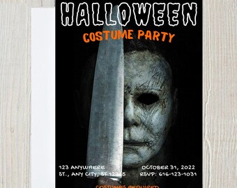 May include: Halloween costume party invitation featuring a scary mask and a knife. The text reads "HALLOWEEN COSTUME PARTY" and includes the date, RSVP information, and the address 123 ANYWHERE ST., ANY CITY, ST 12345. The text "COSTUMES REQUIRED" is at the bottom of the invitation.