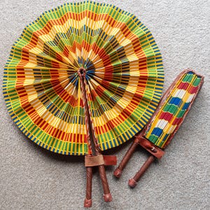 Handmade Kente Fan: African Print Fabric, Wooden Handle