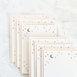 Gold Moon & Stars Luxury Letterpress Stationery Set | Flat Notecards and Envelopes | Single Card or Box Set of 6