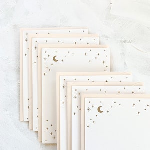 Gold Moon & Stars Luxury Letterpress Stationery Set | Boxed Set of 6 Flat Notecards