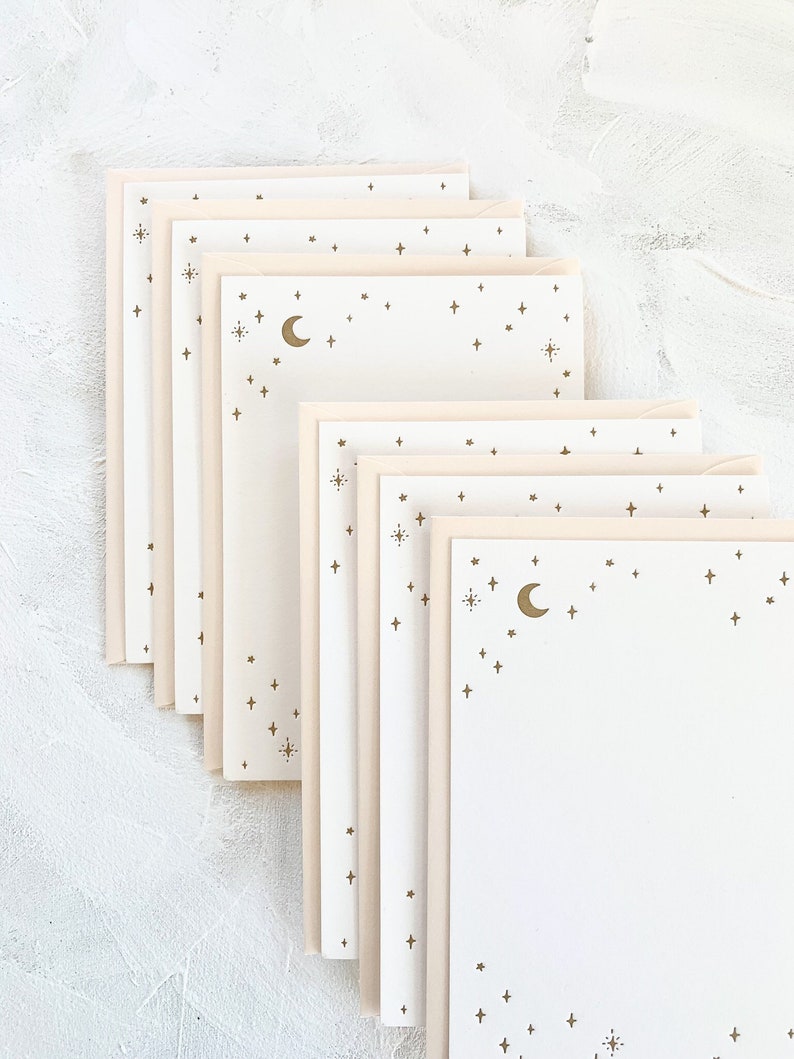 Gold Moon & Stars Luxury Letterpress Stationery Set Flat Notecards and Envelopes Single Card or Box Set of 6 image 1