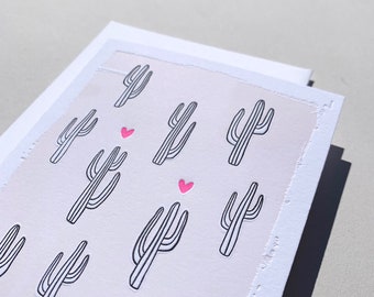 Saguaro Love | Letterpress Greeting Card and Envelope | Saguaro Cactus Hearts for Valentine's Day, Bridal Shower or Wedding