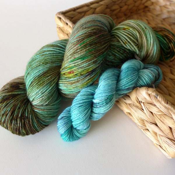 Patina - Hand Dyed Merino Yarn - 4 Ply - 100g Full / 20g Mini Skein / Sock Set - Green Turquoise Copper Rust Speckled Variegated