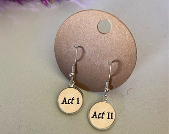 Act I & Act II theatre earrings. Theatre gift of cabochon earrings for any musical theatre lover, bespoke. Vintage paper design. Actor