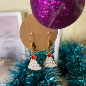 Weihnachten weiß verzierte Baum Tropfen Ohrringe