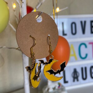 Halloween bat and moon bat out of hell drop earrings