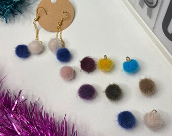 Pom Pom earrings. Personalised colour pom pom. Faux fur chain dangly drop earrings. Christmas gift. Fashion earrings.