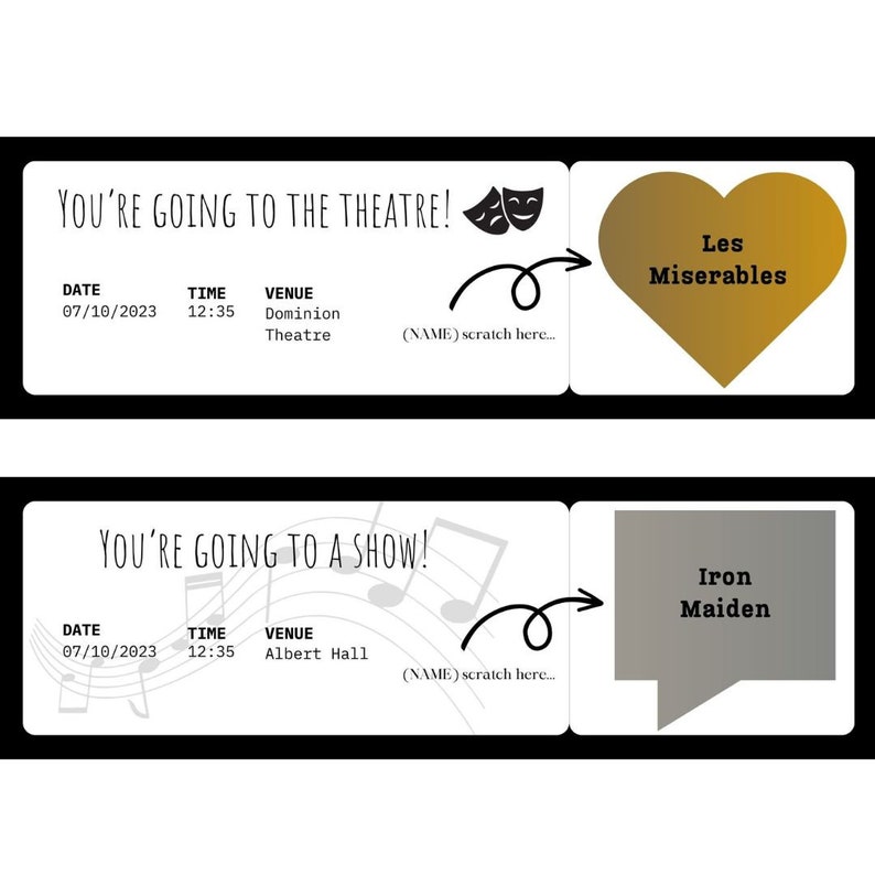 Ticket Bottom Personalised Custom Theatre Show Ticket Surprise Scratch Card for Music ...