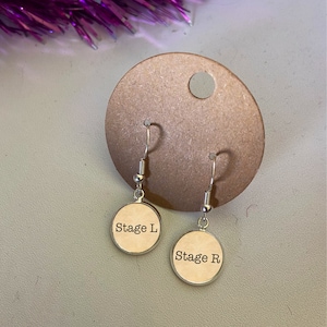 Stage left and stage right theatre earrings. Unique gift of cabochon earrings for any musical theatre lover, bespoke. Theatre gift.