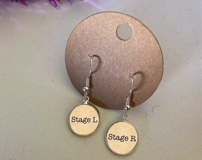 Stage left and stage right theatre earrings. Unique gift of cabochon earrings for any musical theatre lover, bespoke. Theatre gift.