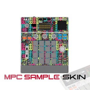 May include: An Akai MPC Sample music production controller featuring a vibrant, multi-coloured graphic skin with a modular synthesiser patch cable pattern in shades of pink, blue, and yellow, including a central display screen and sixteen pads.
