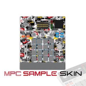 Może przedstawiać: Kontroler produkcji muzycznej Akai Professional MPC Sample z niestandardową nakładką w stylu graffiti, czarnymi wzorami cegieł, czerwonymi i żółtymi akcentami oraz białymi elementami. Urządzenie posiada centralną siatkę szesnastu kwadratowych padów.
