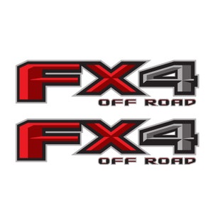 Op de afbeelding: Twee rode en grijze stickers met de tekst "FX4 OFF ROAD" in een vet, gestileerd lettertype.