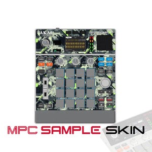 May include: An Akai MPC Sample music production controller featuring a camouflage pattern in shades of green, black, and gray. The device includes a central display screen, sixteen square pads, multiple control knobs, and a slider.