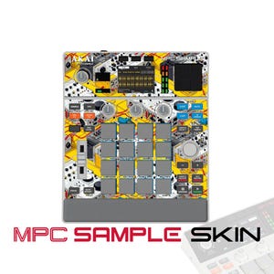 May include: An Akai Professional MPC Sample music production controller featuring a vibrant yellow, white, and grey graphic skin. The device includes a central display screen, sixteen square pads, various control knobs, buttons, and a slider.
