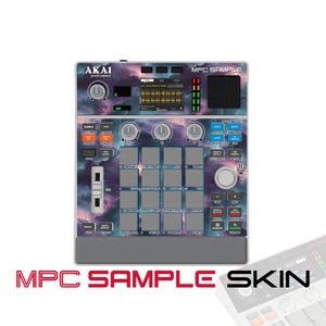 May include: An Akai Professional MPC Sample music production controller featuring a vibrant purple and blue nebula cloud graphic skin. The device includes a central display screen, sixteen square pads, three rotary knobs, a vertical fader, and various control buttons with text labels.