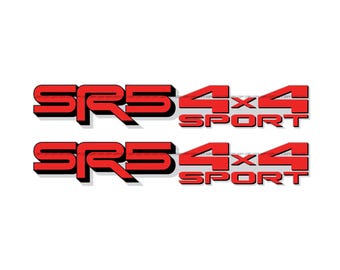 May include: Two red and black SRS 4x4 Sport decals. The text is in a bold, sans-serif font with a 3D effect. The decals are designed for automotive use and are displayed against a white background.
