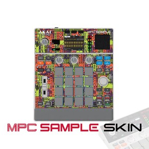 May include: An Akai Professional MPC Sample music production controller featuring a vibrant, multi-coloured circuit board pattern skin. The device includes a central display screen, sixteen grey square pads, various control knobs, and buttons.