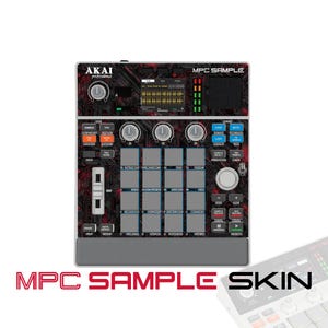 May include: An Akai Professional MPC Sample music production controller featuring a black and red circuit board pattern skin. The device includes a central grid of sixteen grey pads, a digital display screen, multiple knobs, and a vertical fader.