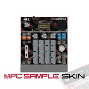 May include: An Akai Professional MPC Sample music production controller skin featuring a dark, detailed graphic of coiled snakes with red eyes. The interface includes a central screen, sixteen grey pads, three control knobs, and a slider.