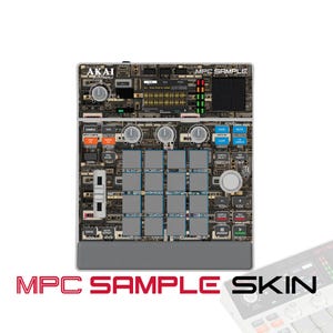 May include: An Akai Professional MPC Sample music production controller featuring a custom skin with a vintage cassette tape pattern. The device includes a central display screen, sixteen square pads, multiple control knobs, a slider, and buttons.