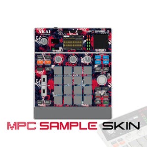 May include: An Akai Professional MPC Sample music production controller featuring a custom skin with a dark blue, red, and white graffiti-style pattern. The device includes a central display screen, sixteen grey pads, various control knobs, and buttons.