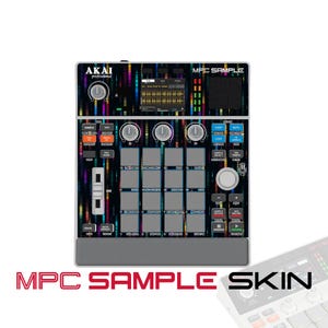 May include: An Akai Professional MPC Sample music production controller featuring a black surface with a colourful vertical light streak pattern. The device includes a central display screen, sixteen grey pads, various control knobs, buttons, and a slider.
