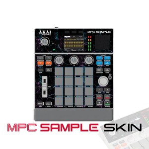 May include: An Akai Professional MPC Sample music production controller featuring a black surface with a purple and blue lightning pattern. The device includes a central grid of sixteen square pads, multiple control knobs, a display screen, and a slider.