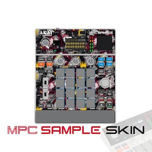 May include: An Akai Professional MPC Sample music production controller featuring a custom skin with a graphic pattern of spray paint cans and yellow paint drips. The device includes a central display screen, sixteen square pads, knobs, and sliders.