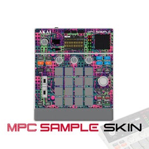 May include: An Akai Professional MPC Sample music production controller featuring a vibrant, multi-colored graphic skin with pink, teal, and purple modular synthesizer cable patterns. The device includes a central display, sixteen grey pads, knobs, and sliders.