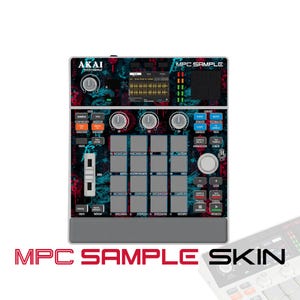 Może przedstawiać: Kontroler produkcji muzycznej Akai Professional MPC Sample z czarno-czerwoną grafiką z motywem smoka. Urządzenie posiada centralny wyświetlacz cyfrowy, szesnaście kwadratowych padów, trzy pokrętła, pionowy suwak oraz zestaw przycisków funkcyjnych.