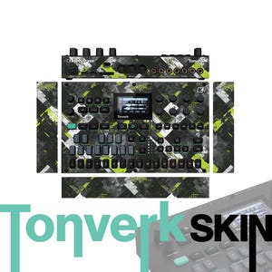 May include: A black and green patterned skin for a Tonverk synthesizer. The skin features a geometric design with splashes of lime green and white. The image shows the skin applied to the synthesizer, with the text "Tonverk SKIN" visible.