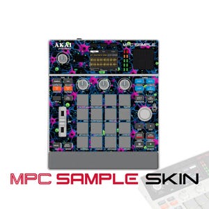 Puede incluir: Un controlador de producción musical Akai Professional MPC Sample con una piel gráfica colorida que presenta un patrón de red neuronal en tonos rosa neón, azul y verde. El dispositivo incluye una pantalla central, dieciséis pads, perillas y deslizadores.